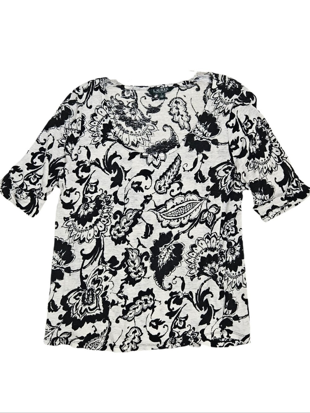 Lauren Ralph Lauren Linen Shirt Womens L Scoop Neck White Black Paisley Coastal